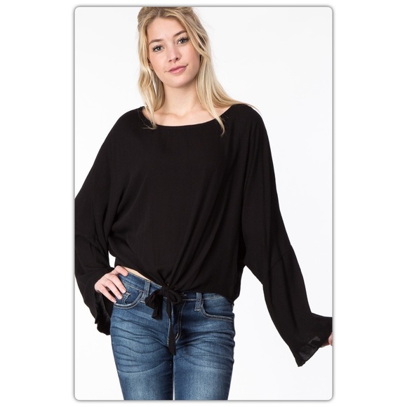 Black Bell Sleeve Tie Front Top - Picture 2 of 5